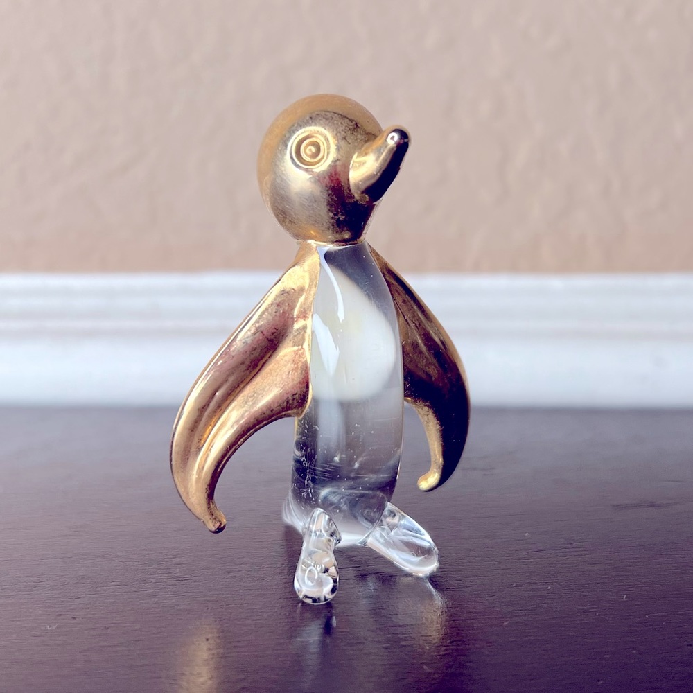 Vintage Hand Blown Glass Penguin w Guild Gold Head and Wings, Bird Watching